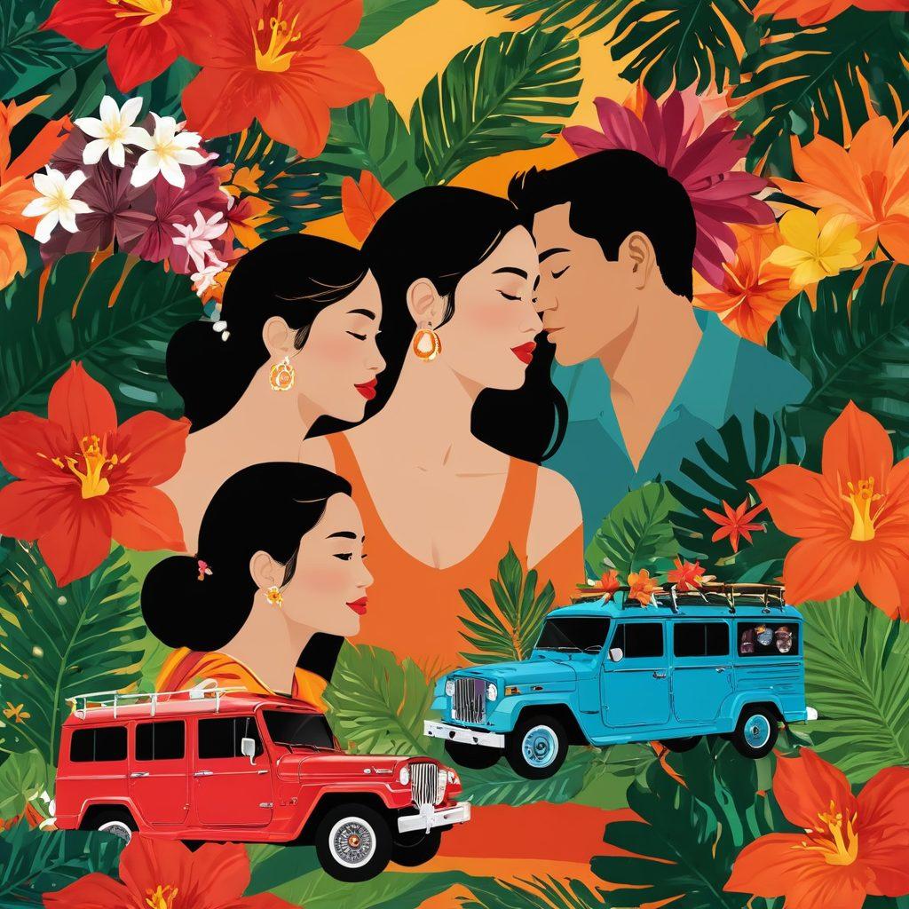 A vibrant digital collage showcasing a diverse range of Filipino adult streaming icons, interspersed with traditional Filipino elements like the jeepney and tropical flowers. Include silhouettes of couples in passionate poses, along with abstract representations of sexual empowerment and exploration. The background should feature warm, inviting colors with a hint of lush greenery, symbolizing the rich culture. evocative atmosphere. bold colors. modern design.
