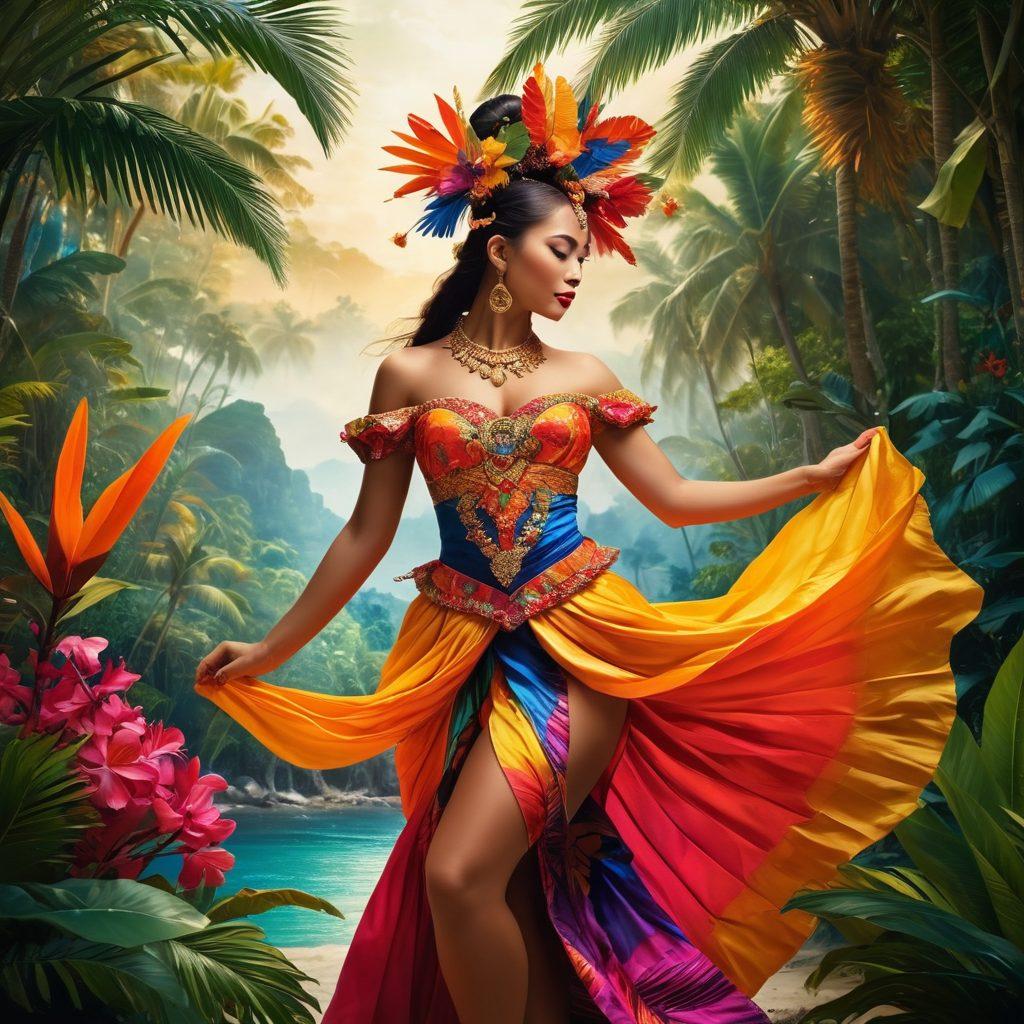 A vibrant and colorful representation of Filipino culture, featuring a traditional dance performance with dancers in intricate costumes, blending elements of sensuality and celebration. Surrounding them are abstract silhouettes of famous landmarks in the Philippines, evoking a sense of exploration and allure. The background is adorned with tropical flora, enhancing the erotic atmosphere, while subtle hints of video play buttons symbolize the adult entertainment aspect. super-realistic. vibrant colors. tropical theme.