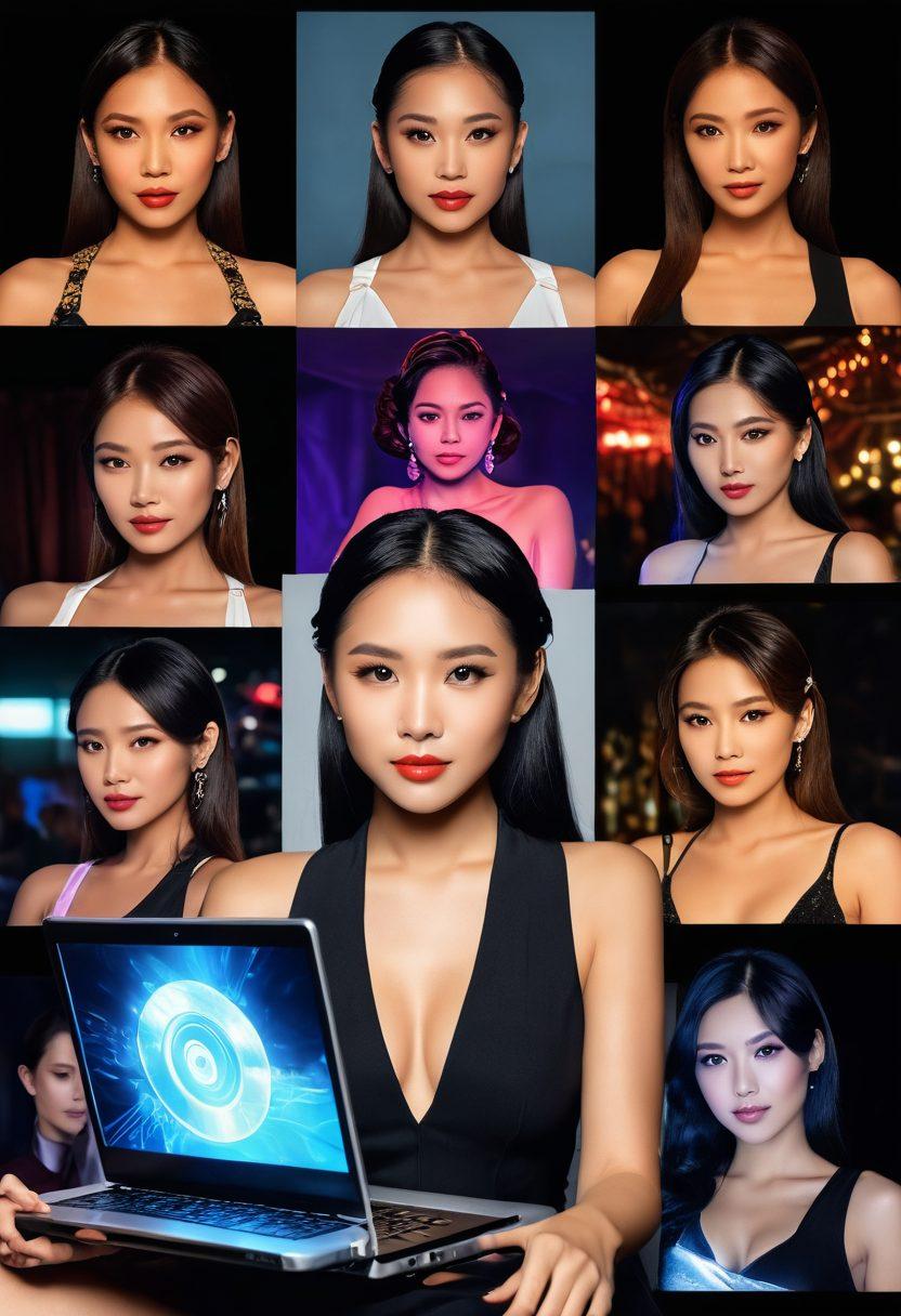 A dynamic collage showcasing the evolution of Pinay adult entertainment, featuring a split scene: one side depicts a webcam show with a modern laptop, soft glowing lights, and a lively performer engaging with an audience; the other side portrays a cinematic scene with rich visuals, elegant lighting, and a glamorous actress on set, exuding confidence. The background blends elements of technology and classic film industry motifs. vibrant colors. contemporary style.